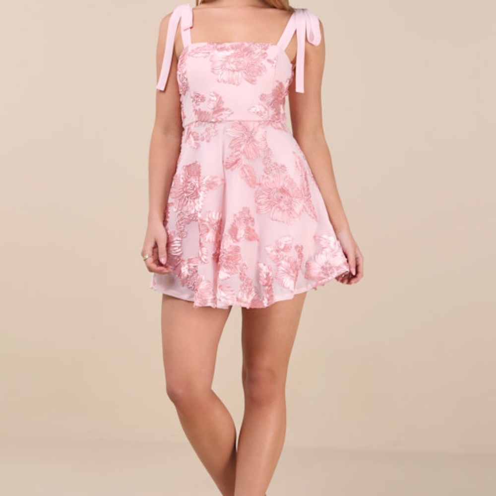 Lulus Truly Inspiring Pink Mesh Floral Applique Tie-strap Mini Dress - Size L